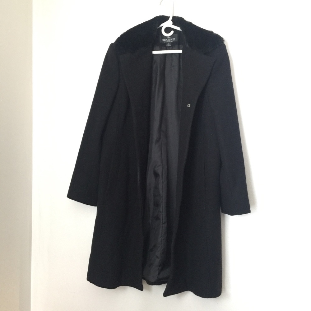 Braefair Faux fur collar black long dress coat Saks Fifth Avenue size 12